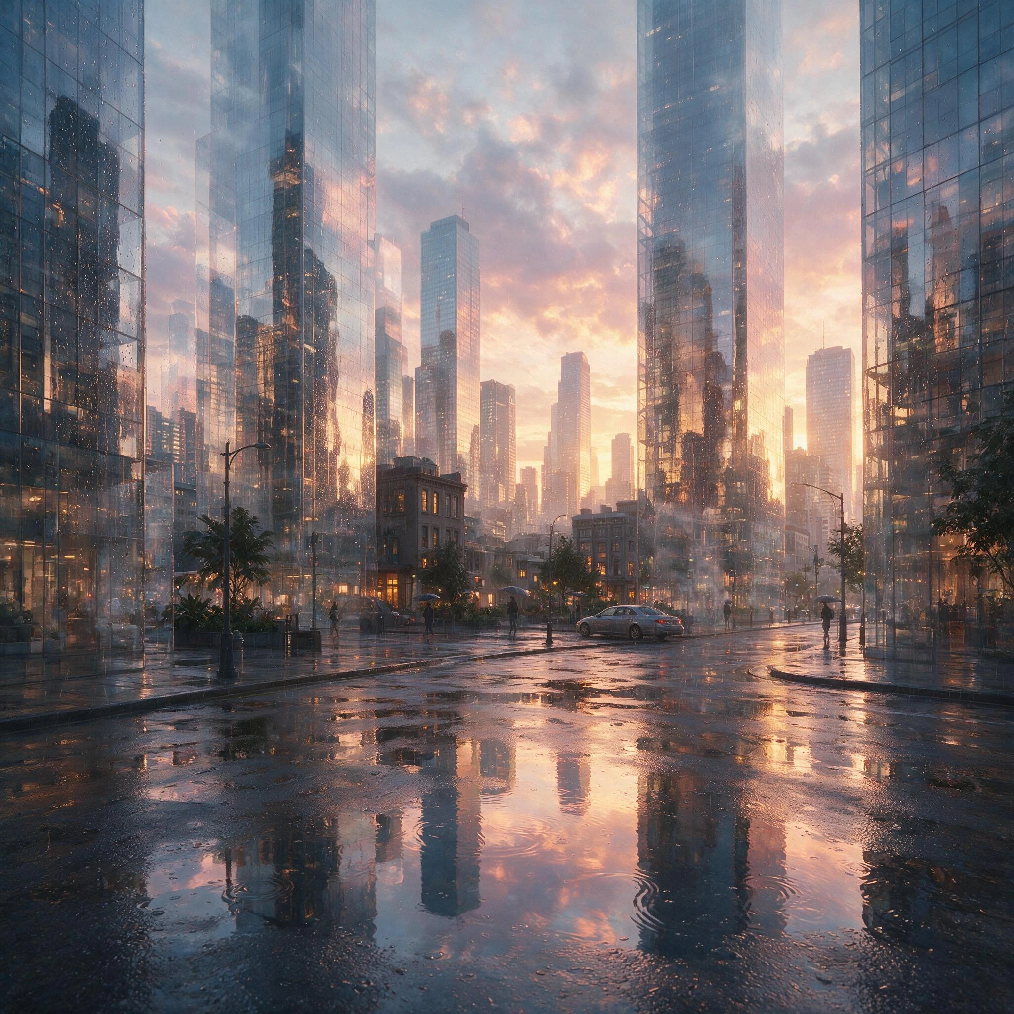 Nothing physical exists. The entire city is made from reflections bouncing off one another. Buildings disappear if nothing reflects them. Rain changes the architecture. Sunrise rebuilds neighborhoods.