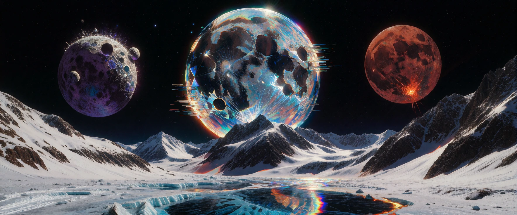 Three moons suspended in a starlit sky above a frozen alpine landscape: center moon rendered as holographic ice with digital glitch artifacts—fracture