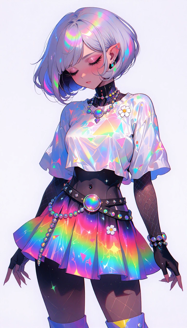 # Cyberpunk Anime Character This striking anime illustration features a stylized character with a short, silver bob haircut and closed, blissful eyes. She wears an edgy fusion of cyberpunk and kawaii aesthetics: a cropped white shirt, rainbow hologra