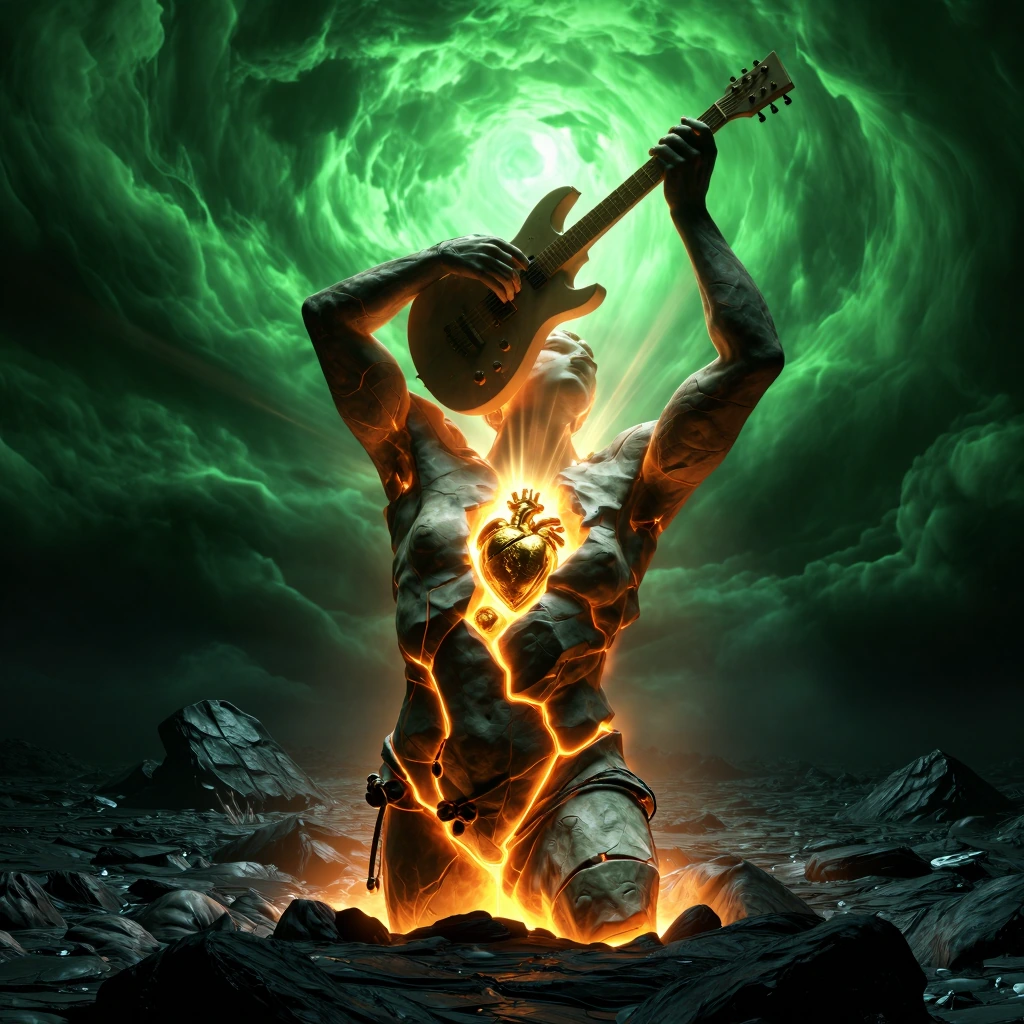 Monolithic stone colossus erupting from obsidian ground, torso split by geometric fissures glowing molten amber, skeletal hands gripping an electric guitar thrust skyward, chest hollowed to expose a liquid-gold heart radiating visible sound waves out