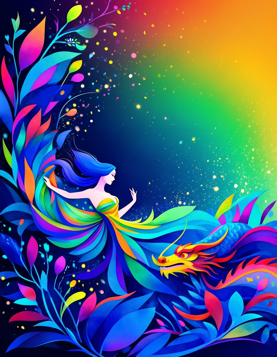 Beautiful Woman and dragon, colorful
