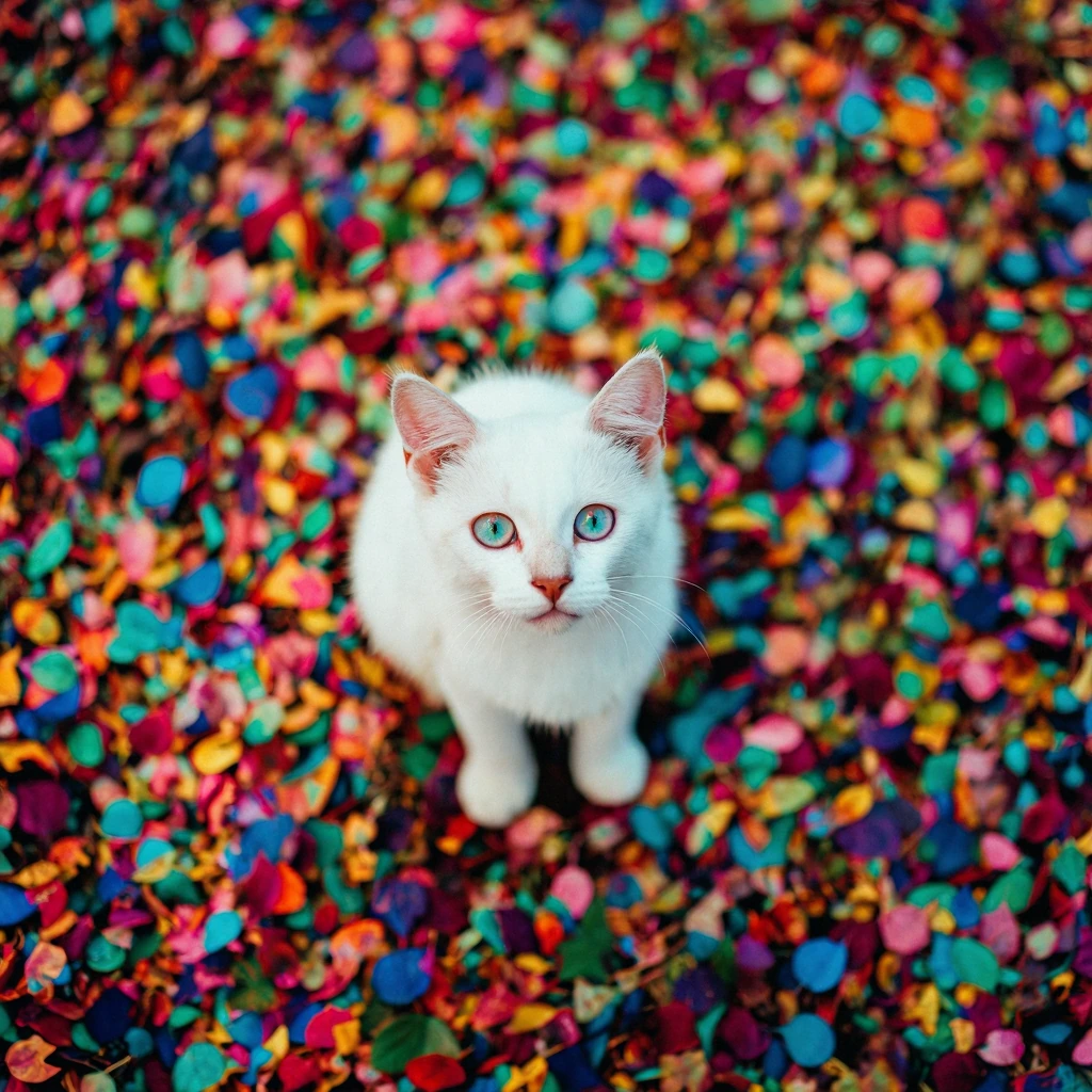 Hyper-realistic, sharp focus, no blur, no bokeh, deep depth of field, everything in crisp focus. A dense mass of tiny solid-colored leaves in every possible color — red, orange, yellow, green, blue, indigo, violet, pink, magenta, cyan — covering 90% 