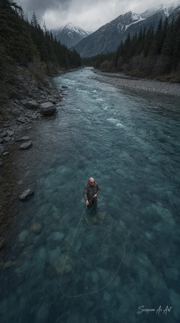 what loneliness looks like from above, bald man with trimmed beard and sunglasses, flyfishing in a majestic mountain river, add signature: Scorpion Ai Art