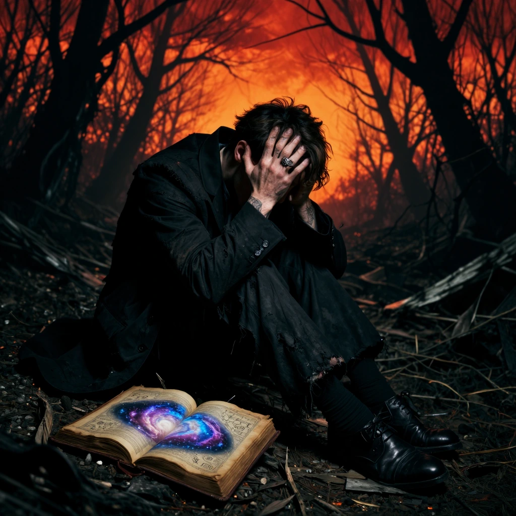 A striking oil painting, in the style of Romanticism and Symbolism, depicting a man clad in a tattered black suit, sitting in the midst of a desolate, ruined forest. He is hunched over, his face buried in his hands, overcome by deep despair. He wears