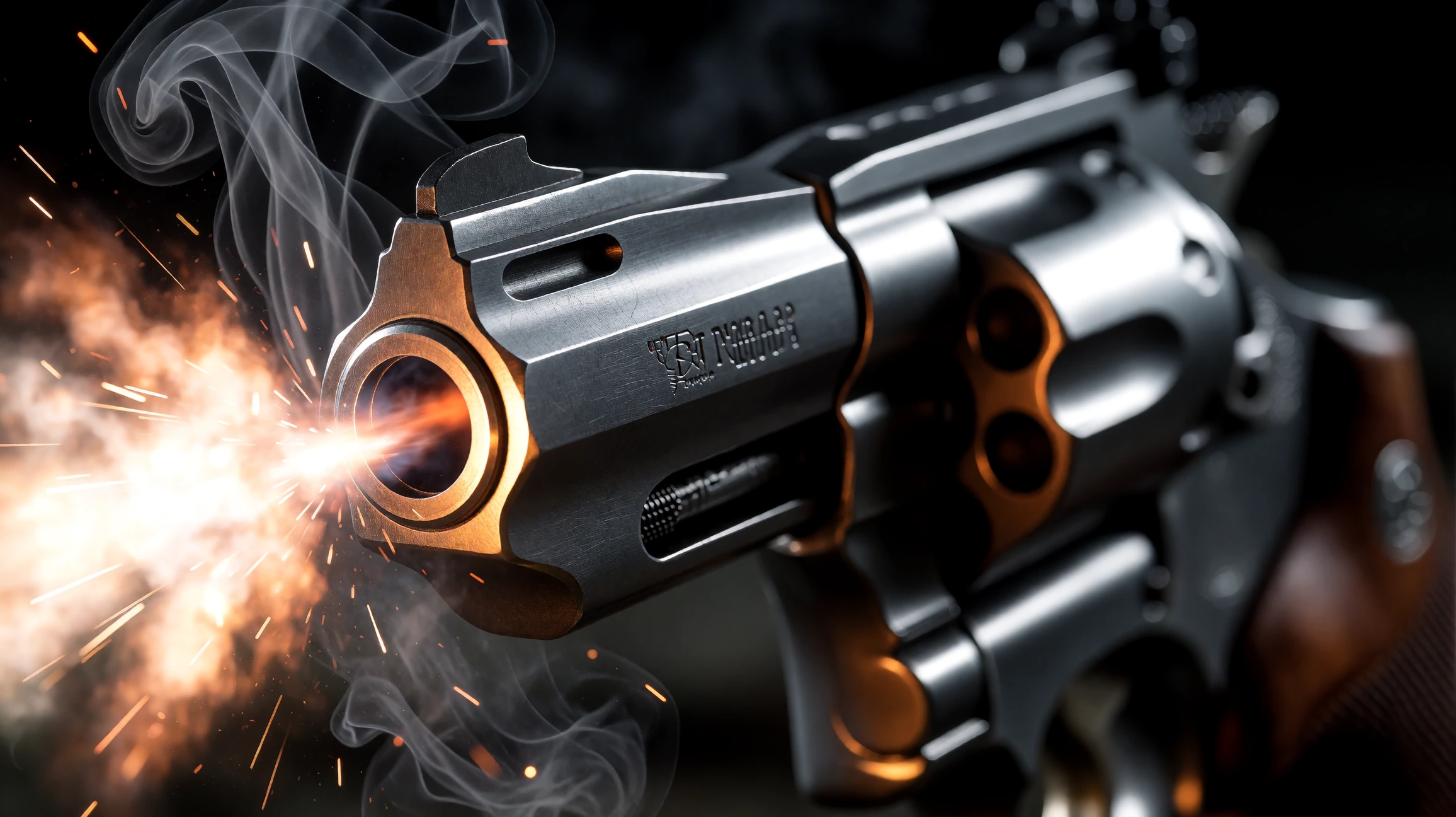 Capture an extreme closeup of a stainless steel .44 Magnum revolver at the exact millisecond of discharge, muzzle flash erupting in a blinding orangew