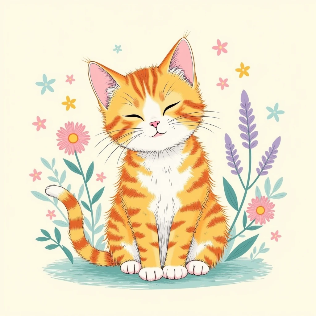Beautiful spring kitten art, yellow, pink, turquoise, lavender. Floral whisps