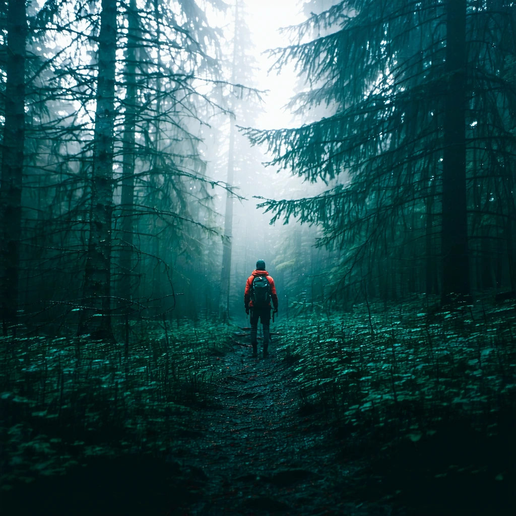 a solitary figure dissolves into silver mist