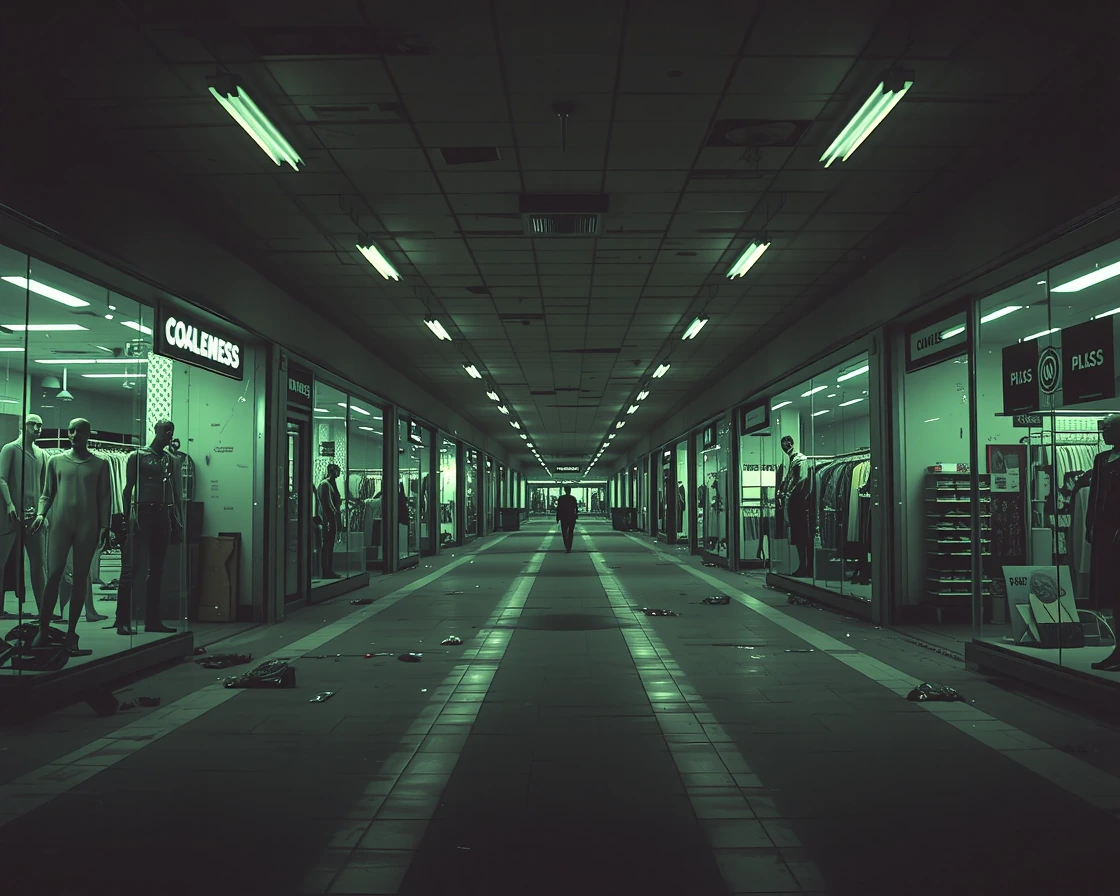 An abandoned shopping mall at dusk, fluorescent lights flickering intermittently in long empty corridors lined with storefronts whose mannequins are positioned unnaturally—twisted mid-gesture, facing wrong directions, some collapsed. A few storefront