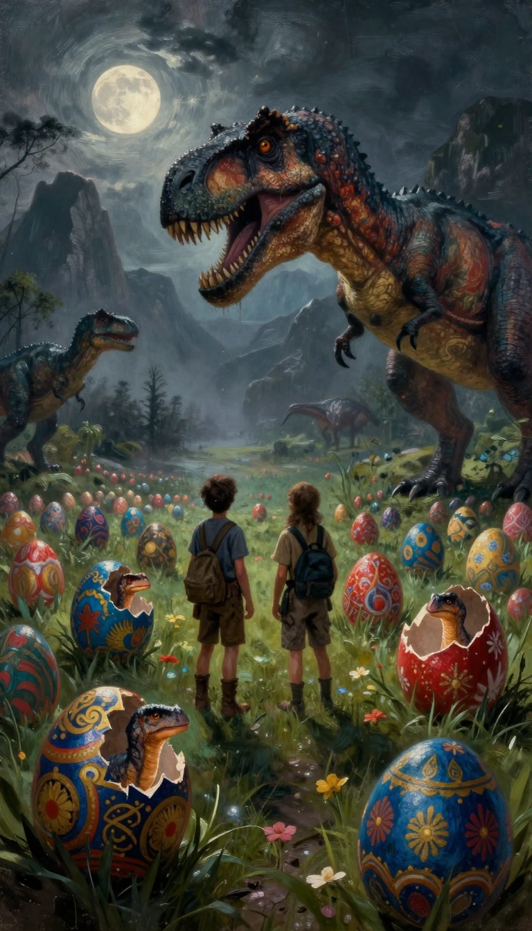 Adventurous hunters stand, wide-eyed, in the middle of a field of elaborately decorated Easter eggs that stretches all the way to the misty, imposing mountains. Huge, ornate eggs — intricately designed in vivid shades of blue, gold and red — litter t