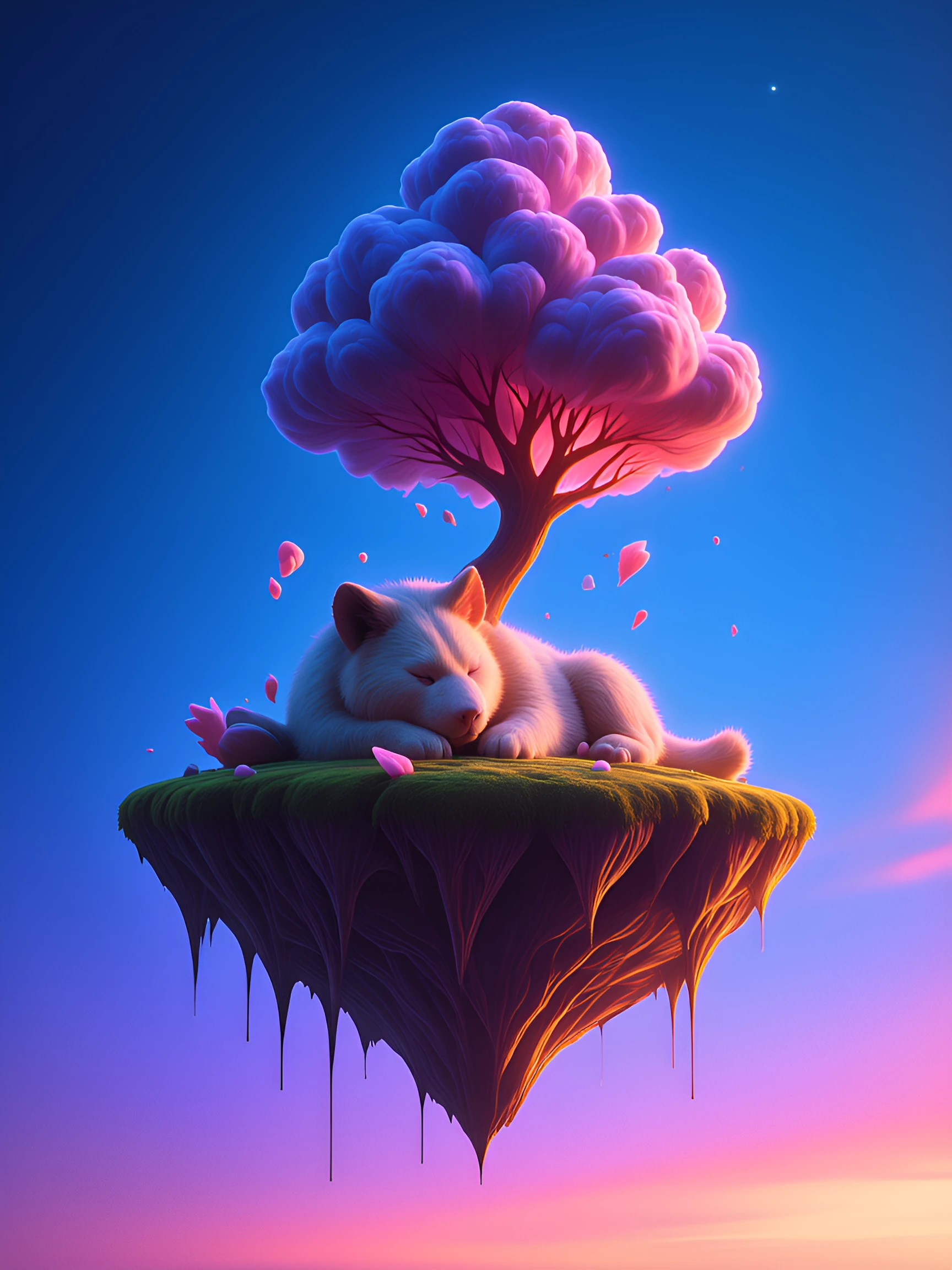 an island in the sky shaped like a sleeping animal, pastel
