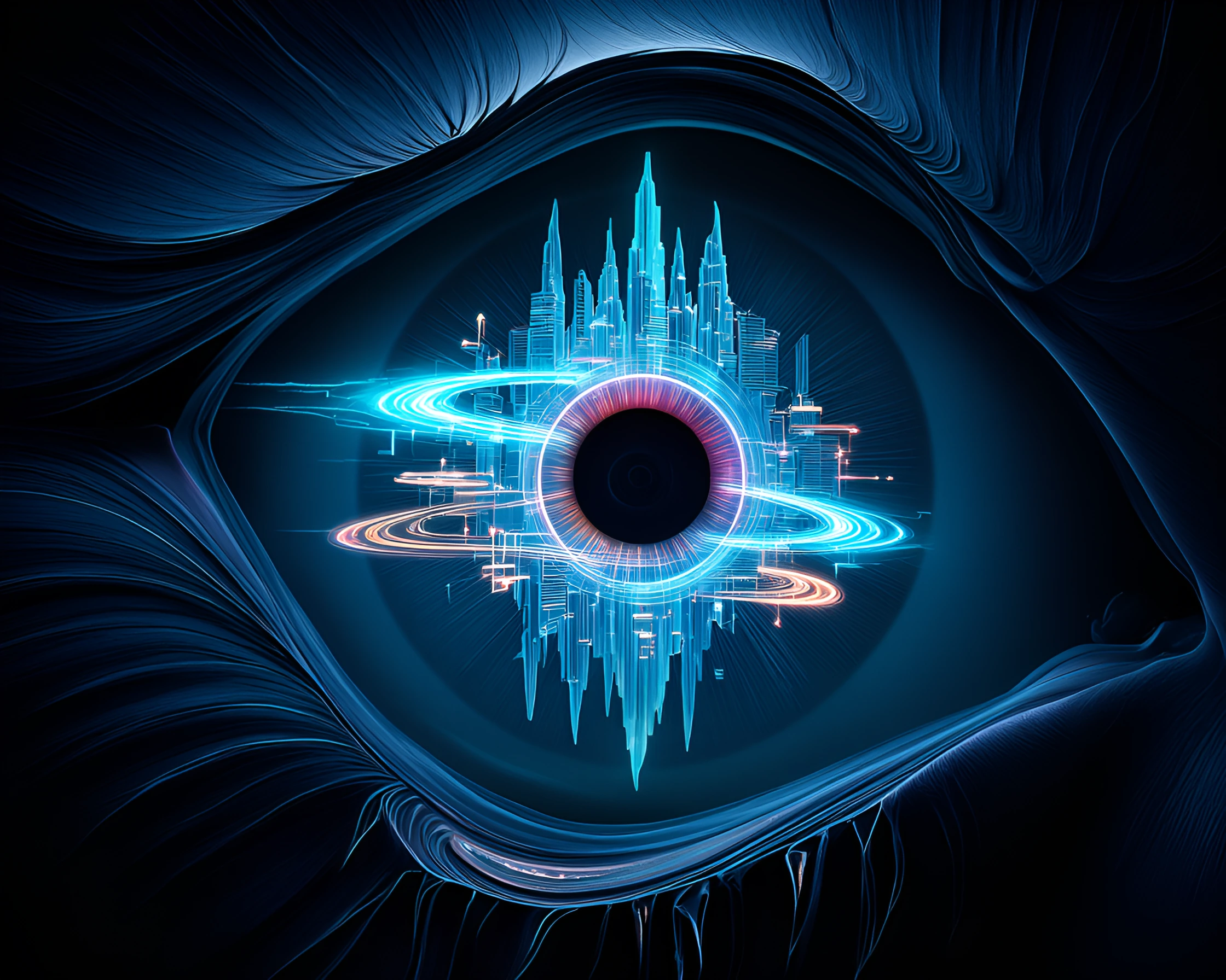 A cross-section of a human eyeball with translucent layers—cornea, iris, lens, vitreous humor rendered in cool blues and teals—and nestled within the 