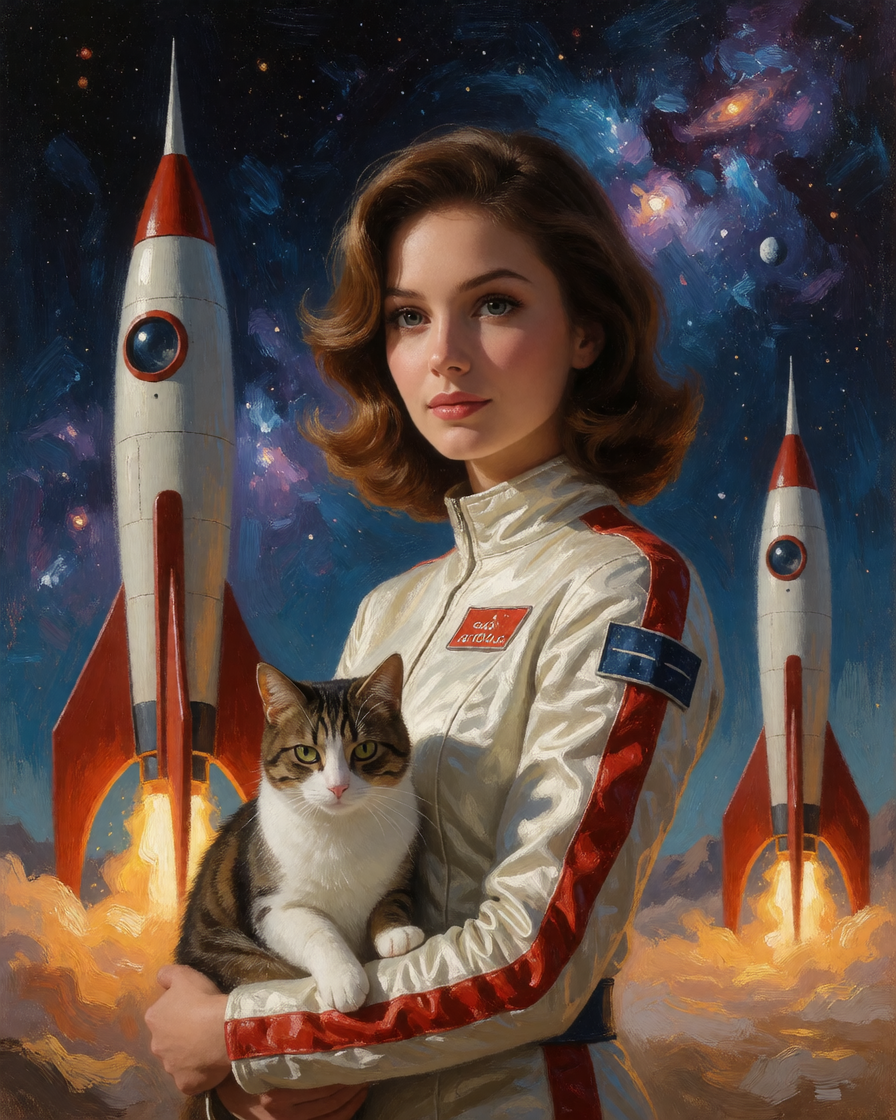 ultra realistic sci-fi scene. 60s style rockets, beautiful woman in a sci-fi jumpsuit, with a cat in galaxy themed, oil painting with messy strokes