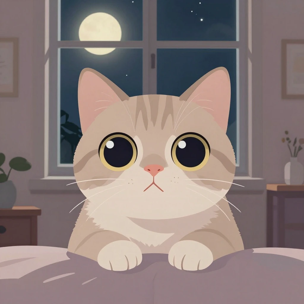 Cutest cat, in a bedroom by moonlit window big huge sparkle eyes. Flat illustration, muted colors, luminism