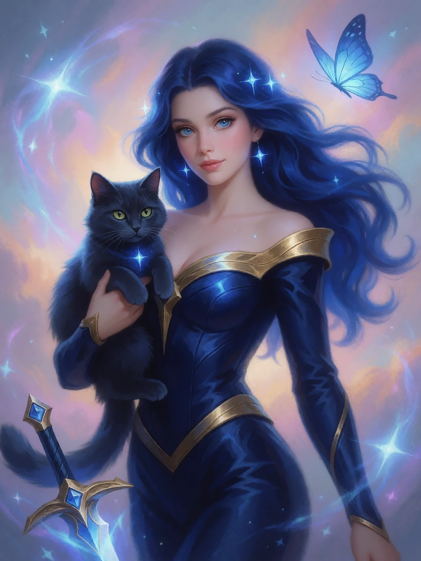 Beautiful magic woman, sapphire, hair, with her cat, sapphire, and navy, sleek jumpsuit, sapphire eyes, glowing sword, magical background, ethereal, beautiful, pastel painting