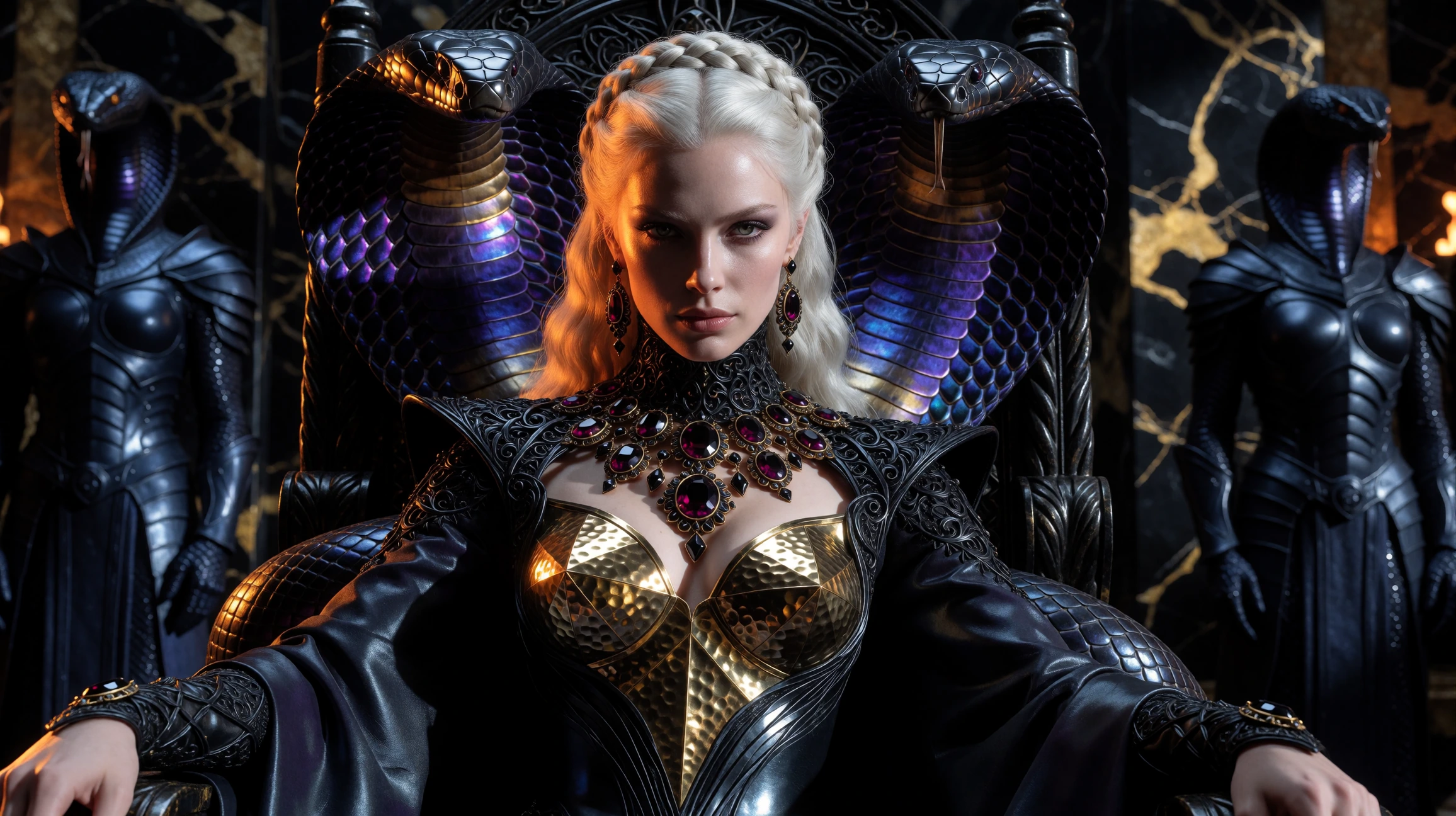 Demon queen with platinum blonde hair in an intricate crown braid, crimson eyes, seated on a obsidian throne in a palace of black marble and moltengold veining, wearing a sculptural hautecouture gown of liquid metal and shadowdeep charcoal silk with 