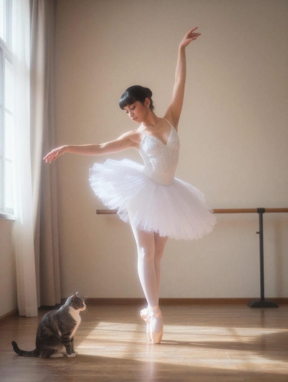 Delicate ballerina dancing in her studio with a cat nearby