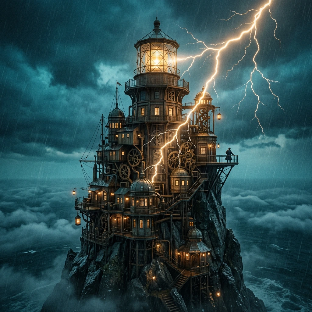 A dramatic, cinematic photo of an intricate, fantastical Victorian-Steampunk lighthouse-city hybrid, perched precariously on a jagged, misty rock spire. The colossal, aged structure is built from multi-tiered dark metal, wood, and glass, incorporatin