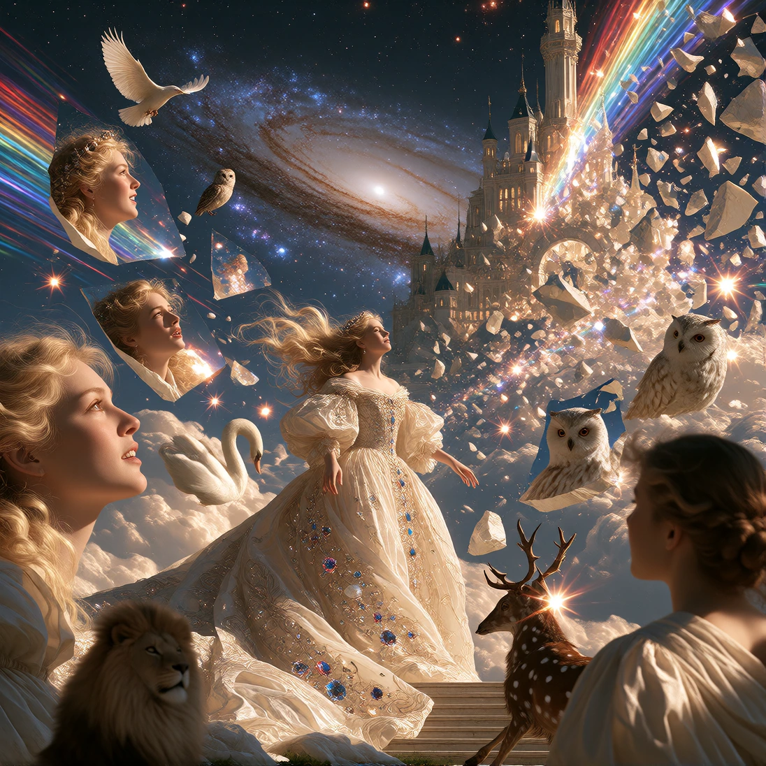 Night of the Impossible Dream: A blonde goddess in an ornate jewel-encrusted gown stands motionless as her marble palace shatters into floating fragments around her. Each shard reflects her face wearing a different emotion—joy with a soaring bird, wo