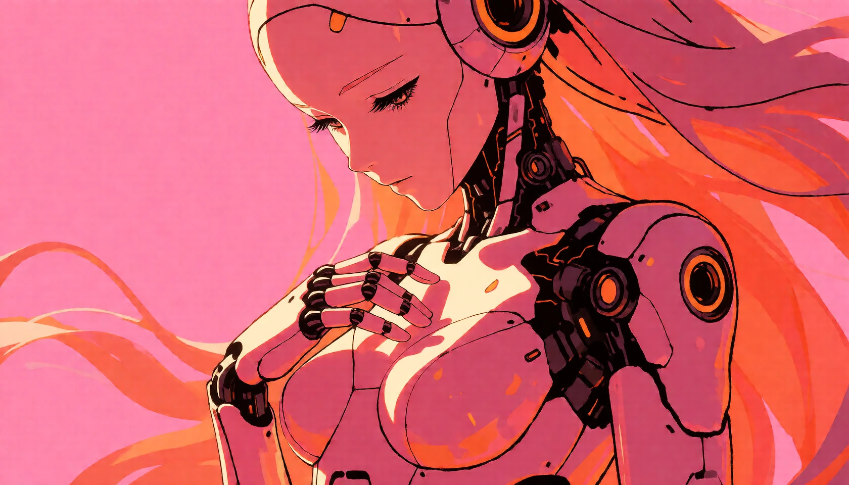 Yume v3 model. High-grade illustration anime artstyle mixed with raw avant-garde energy and hand-drawn animation influence. A seductive robot woman stands in a soft, emotional pose, bathed entirely in bold pink and orange light. Her design blends sle