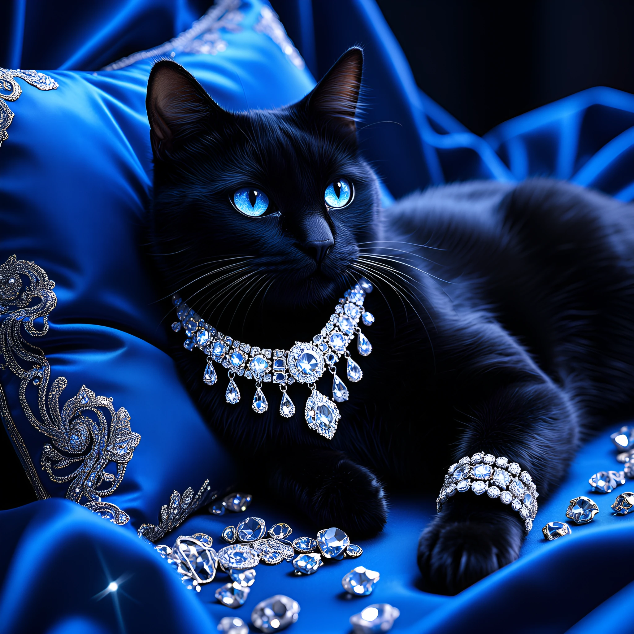 Photorealistic portrait of a sleek black cat with bright blue eyes lying elegantly on luxurious shiny blue satin pillows and bedding. The cat wears a large sparkling diamond-encrusted bib necklace and a matching diamond bracelet on one paw. Scattered