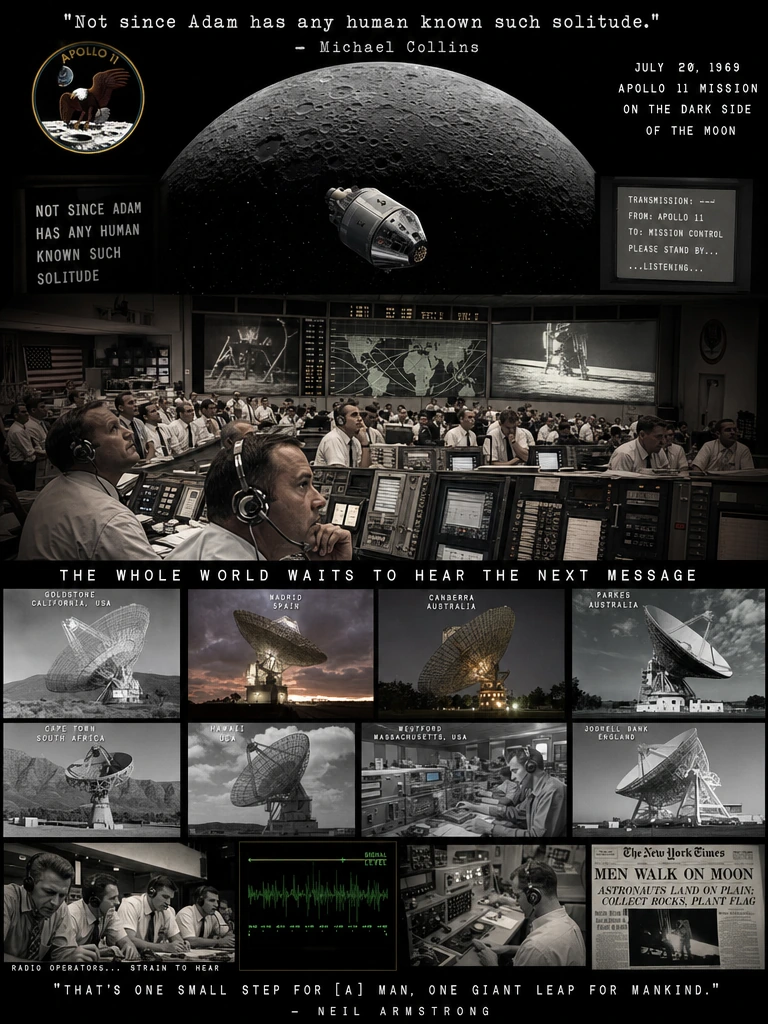 a field of antennae listening for one voice ~ NASA Apollo 11 Mission is on the Dark Side of the Moon; the whole world waits to hear the Pilot Astronaut reconnect... "Not since Adam has any human known such solitude" Composite image, NASA Mission cont