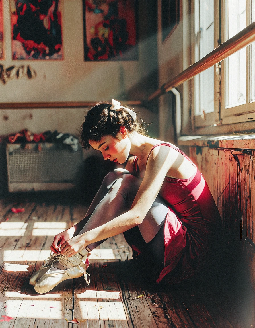 Masterpiece, best quality, ultra-detailed portrait, vintage storybook illustration aesthetic, young woman in graceful repose seated on worn wooden floor of classical dance studio, bent forward unbinding white ballet slippers, positioned beside polish