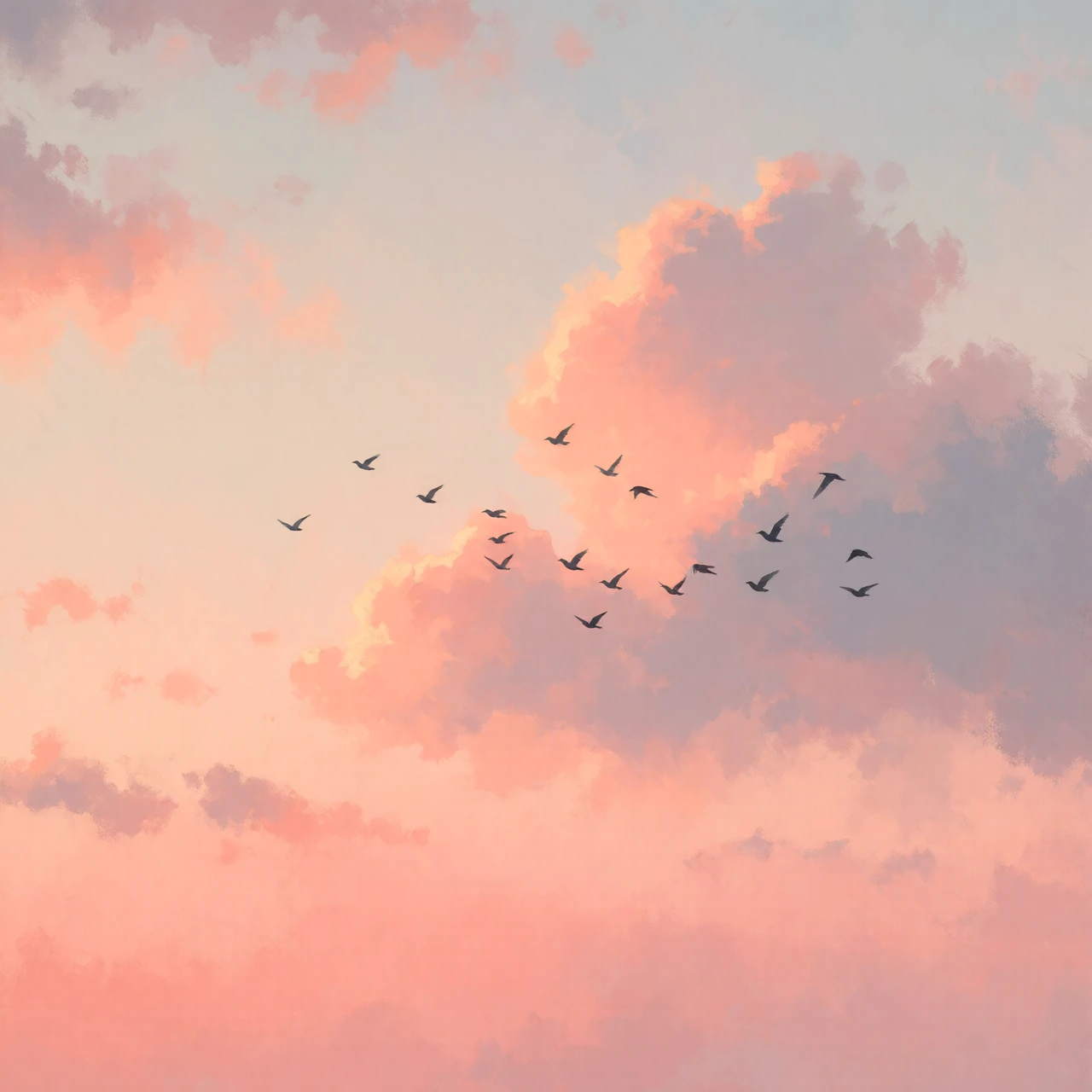 A quiet pastel sunset sky with a flock of dark birds flying across soft peach and rose-colored clouds. The main focal point is the loose group of birds placed slightly off-center on the right side of the composition, their small silhouettes drifting