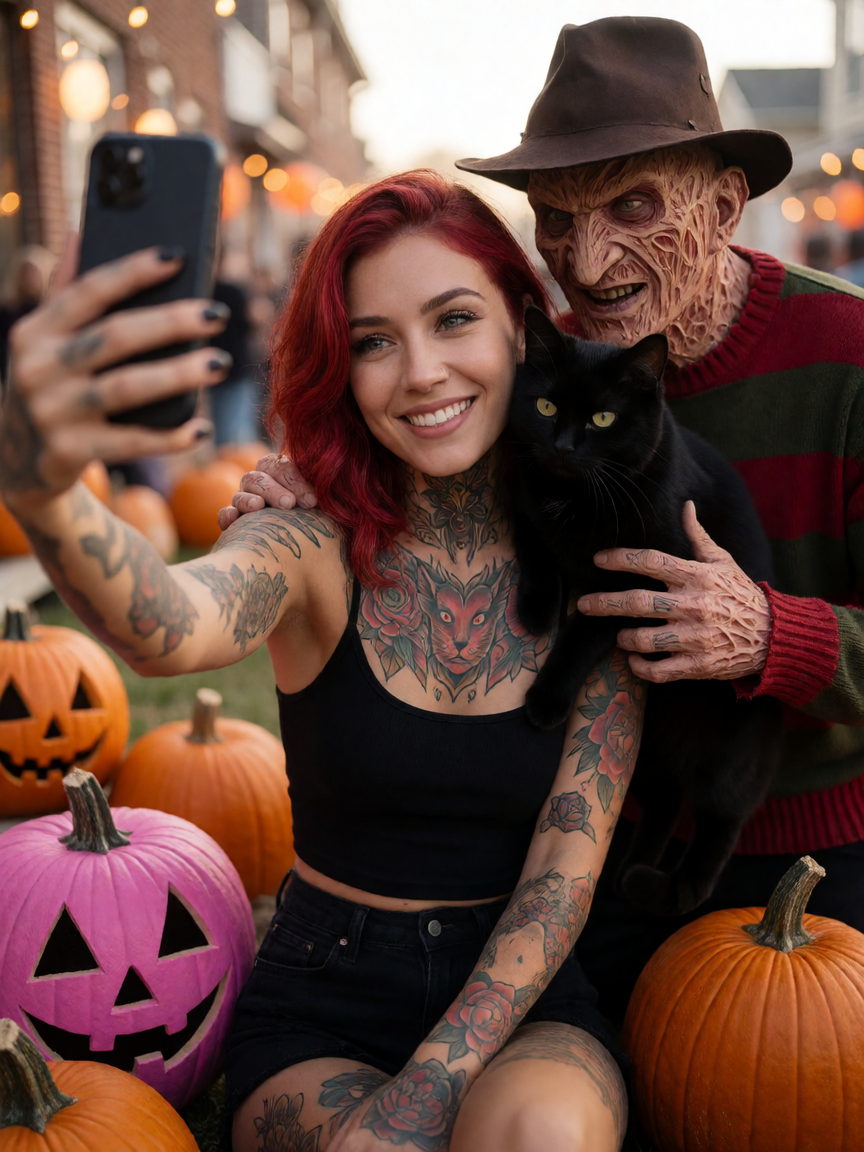 Beautiful woman with colorful tattoos taking a selfie and being photo bombed by Freddy Krueger cosplayer at a Halloween party. Pink and orange pumpkin