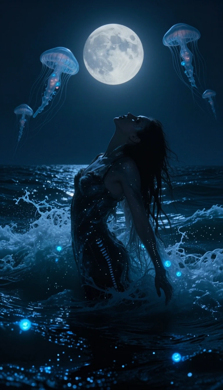 Cinematic surrealist photography of a woman emerging from a dark midnight ocean, head tilted back towards a massive glowing full moon. The waves are c