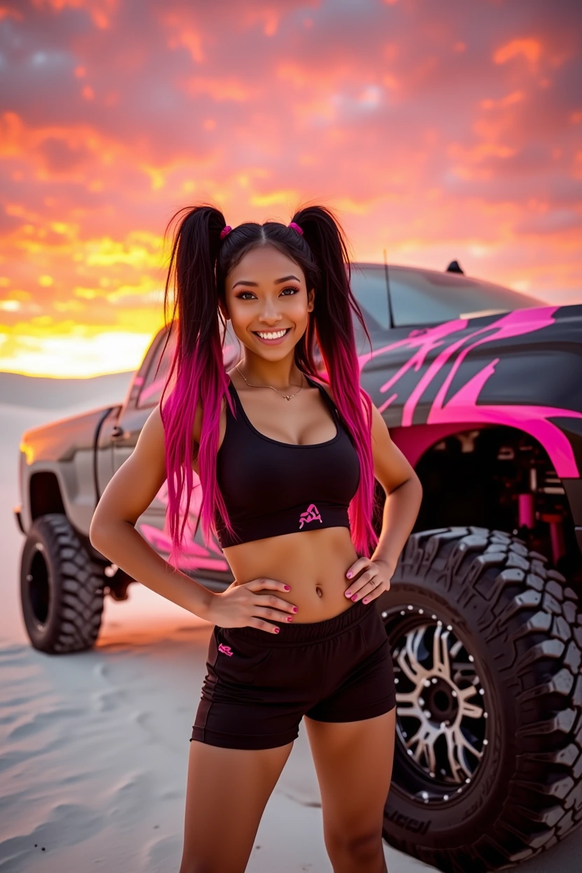A beautiful fit woman with long black and fuchsia twin-tail hair styled in high pigtails, friendly smile, wearing a black athletic crop top and black 