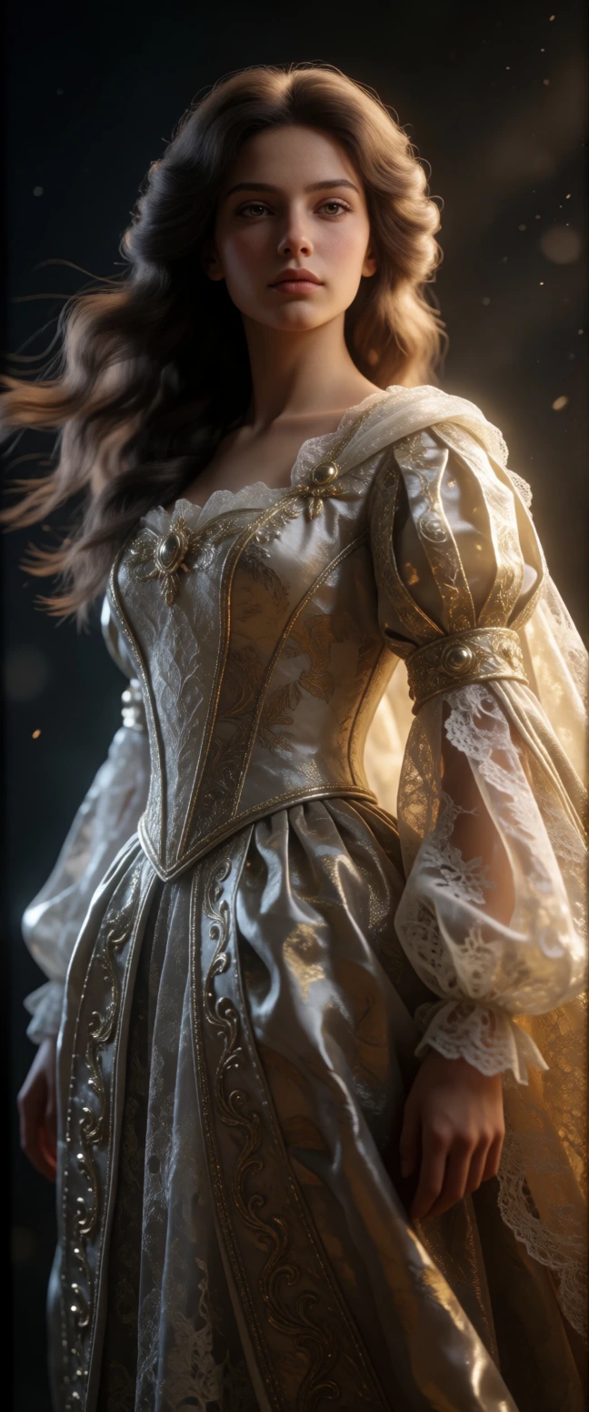 Ultra-photorealistic, hyper-detailed, full-body image of a young beautiful princess in a powerful, confident pose. Cinematic realism, sensual dominance conveyed through body language, posture. She stands with subtle hip tilt and arched spine, shoulde