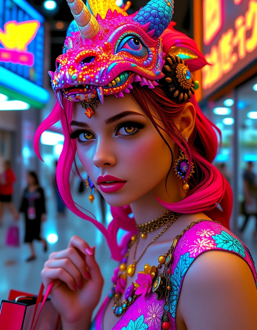 Realistic photograph of a Beautiful woman, unicorn dragon woman hybrid, going shopping