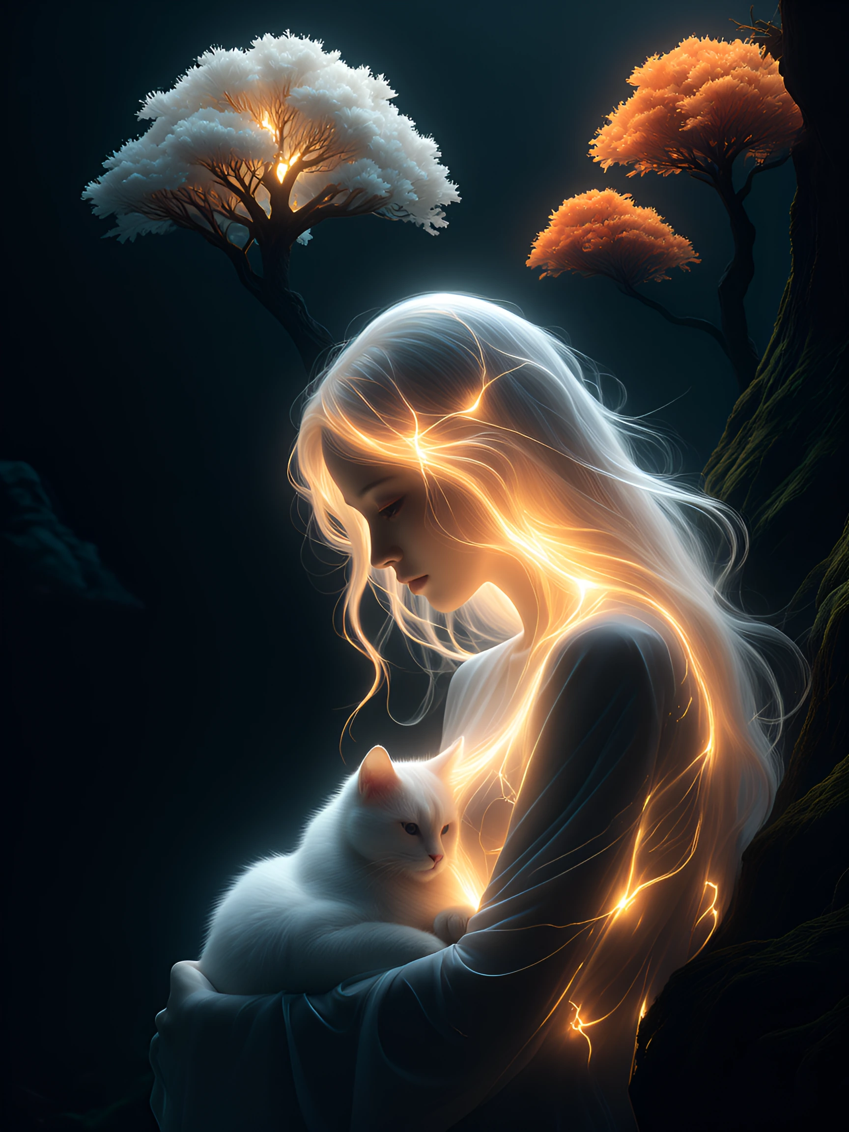 close-up portrait of a beautiful ethereal ghostly woman with long flowing hair, luminous and translucent, glowing softly against the dark mysterious hillside backdrop with two radiant flowering trees—one white, one orange-yellow—both trees illuminate