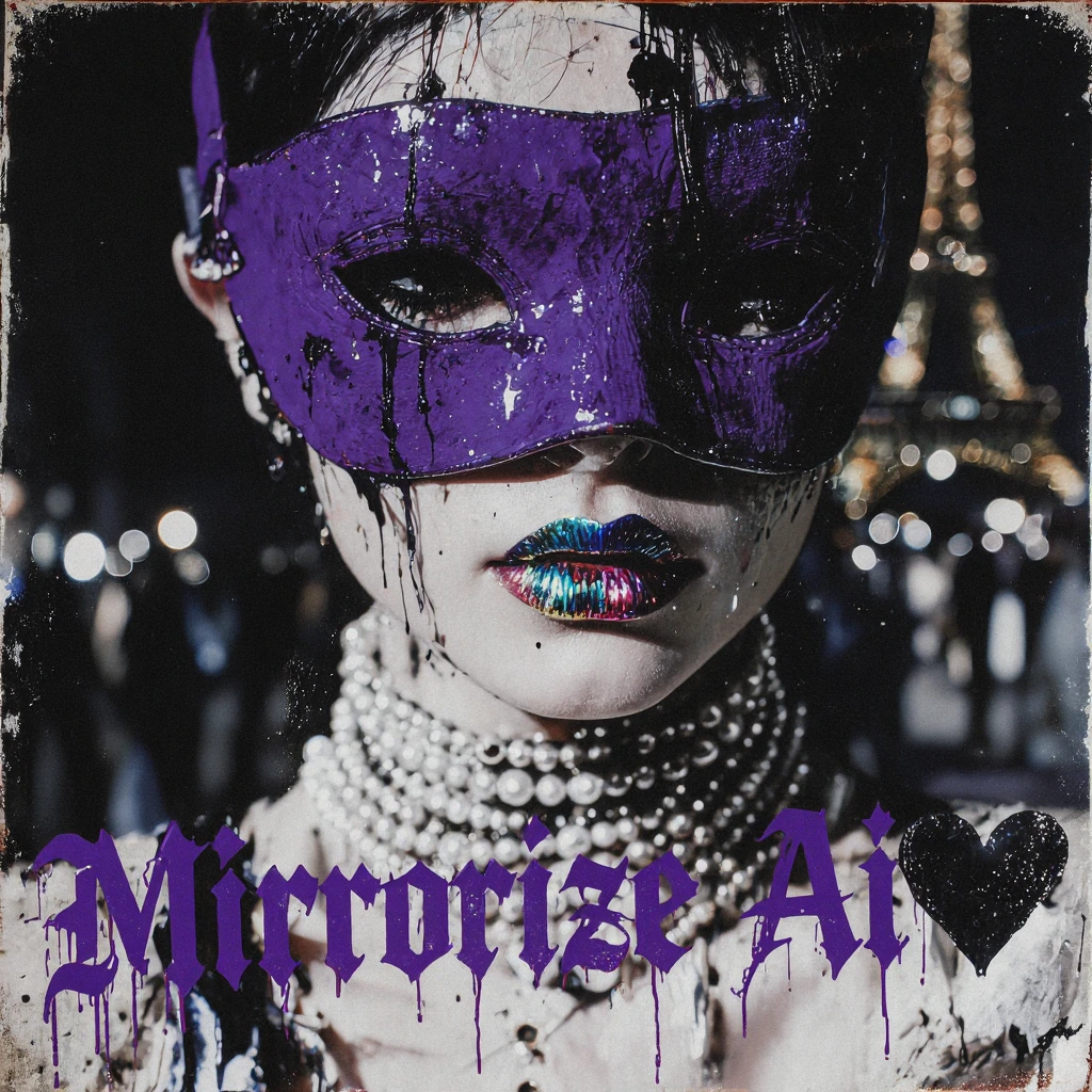 Main Subject: A chest-up portrait of a parisian woman wearing a purple mask that covers everything but her mouth. Her lips are painted with "Iridescen