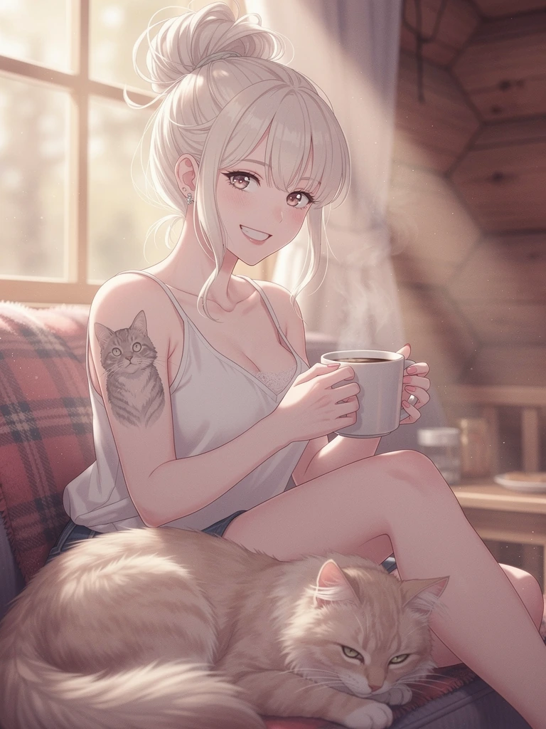 *, beautiful platinum blonde woman messy bun hair, with one cat tattoo on her arm, pastel colors, fluffy cat, smile, window, morning coffee, cozy cabin, airbrush style, realistic anime photograph uhd