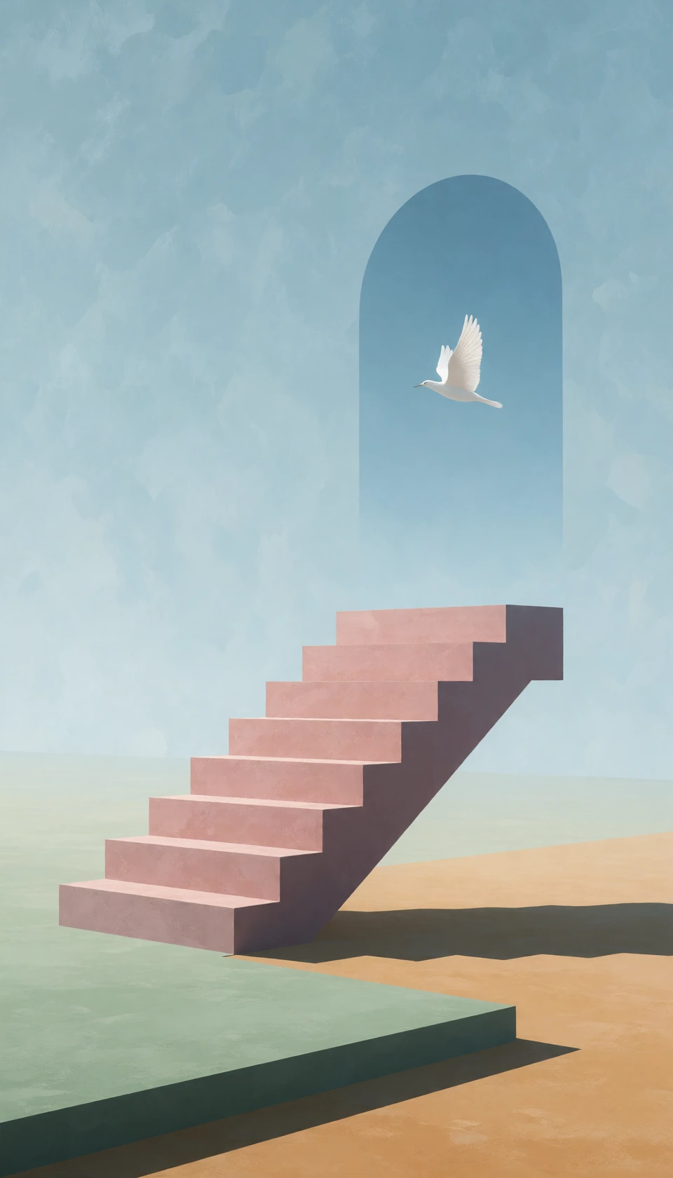 masterpiece, best quality, score_7, @gpt-image-2, a minimalist dusty rose staircase floating mid air in a vast empty space, leading towards an impossible floating archway of misty blue, a single elegant white bird flying through the opening, flat mor