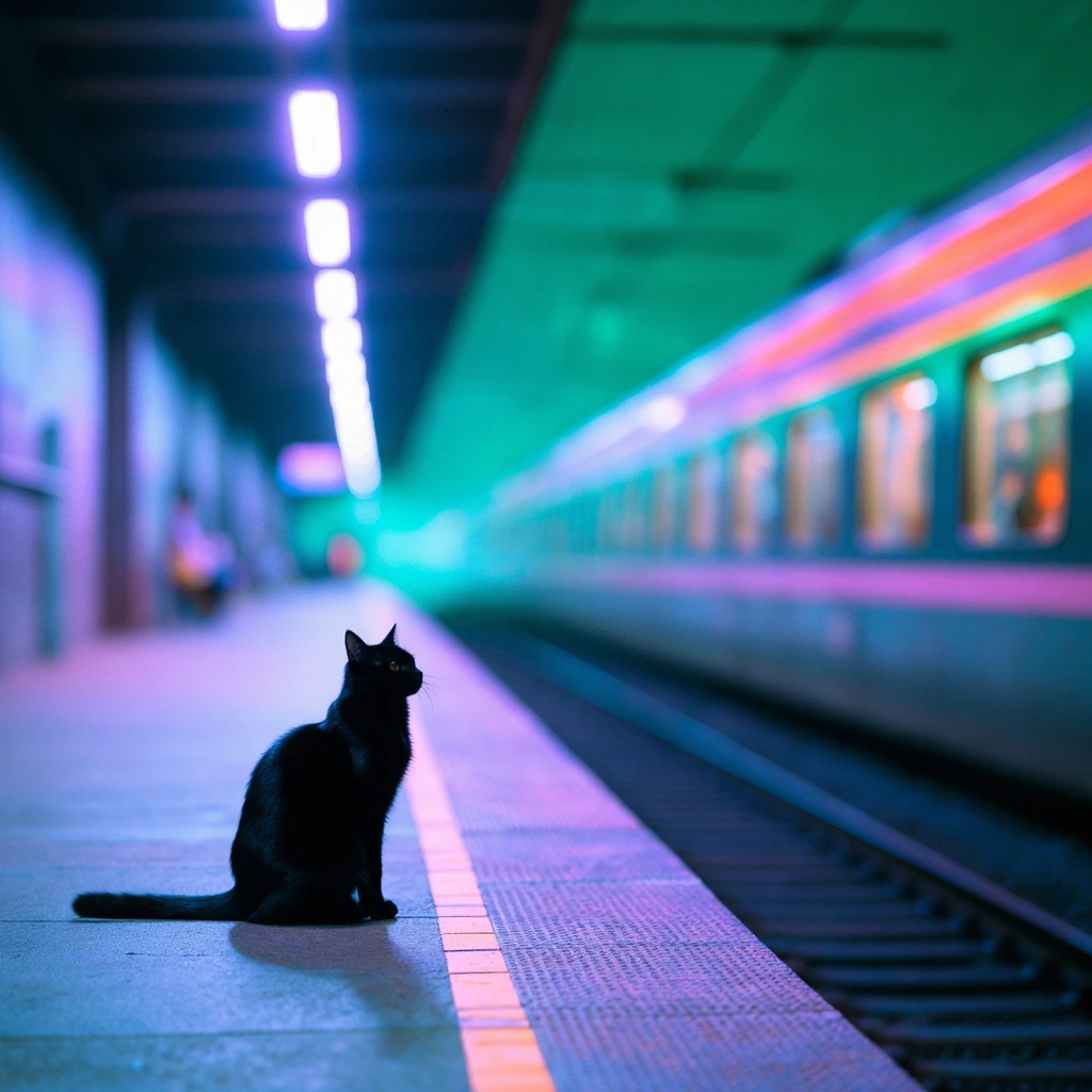 A sleek black cat silhouetted against a glowing neon purple and turquoise empty train platform at midnight, surreal and dreamlike