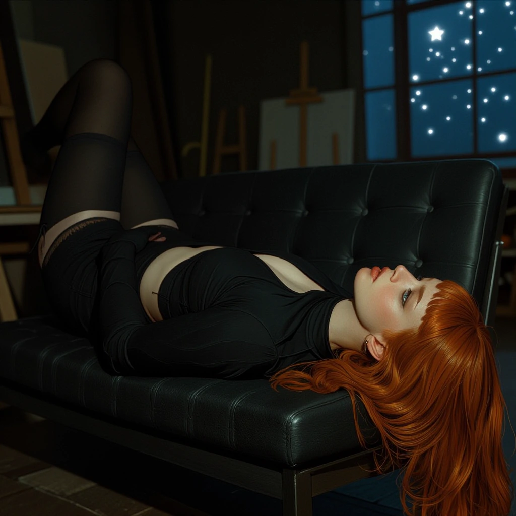 the image features a woman with red hair lying on her stomach in a black couch or chair. She is wearing a black outfit that contrasts with the dark ba
