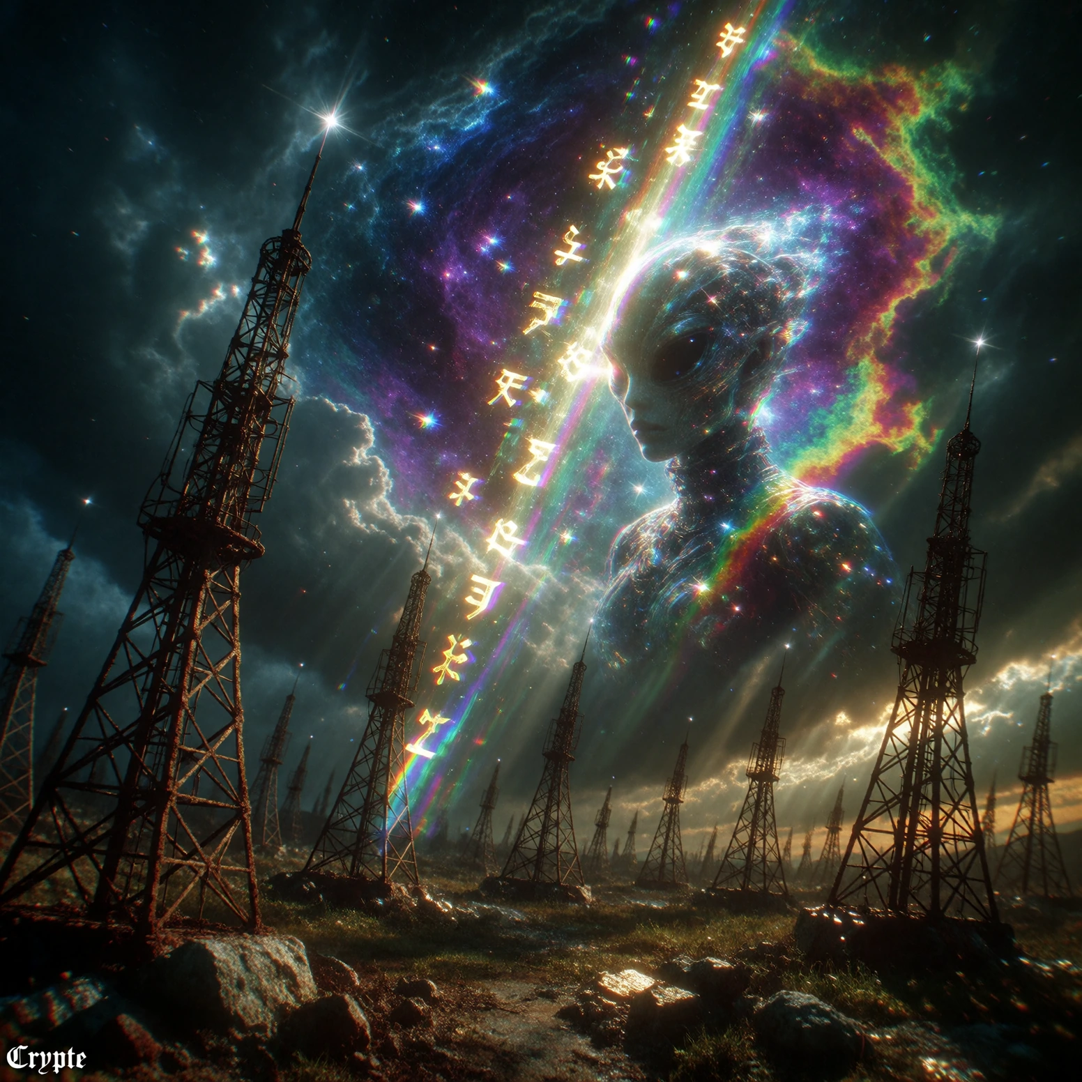 A surreal wide-angle shot: an endless field of corroded radio masts, all tilted in unison towards a single point in a dark, turbulent sky. A dazzling, iridescent beam of celestial light descends, containing fragmented golden runes and intense ‘glitch