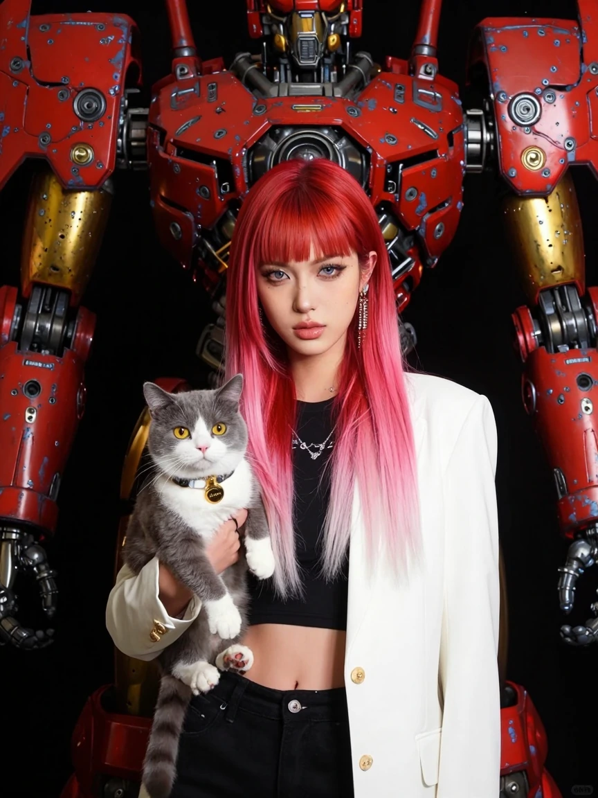 beautiful woman red pink platinum ombre hair, with a cat, standing in front of a large mech, red gold acid-washed metal