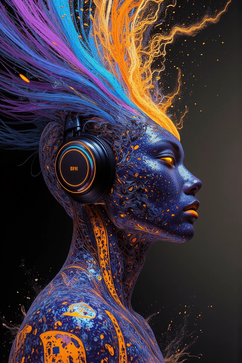 elegant woman side profile, polished marble skin, glossy yellow lips, sleek black headphones, dissolving into pixelated cosmic streaks – electric blue