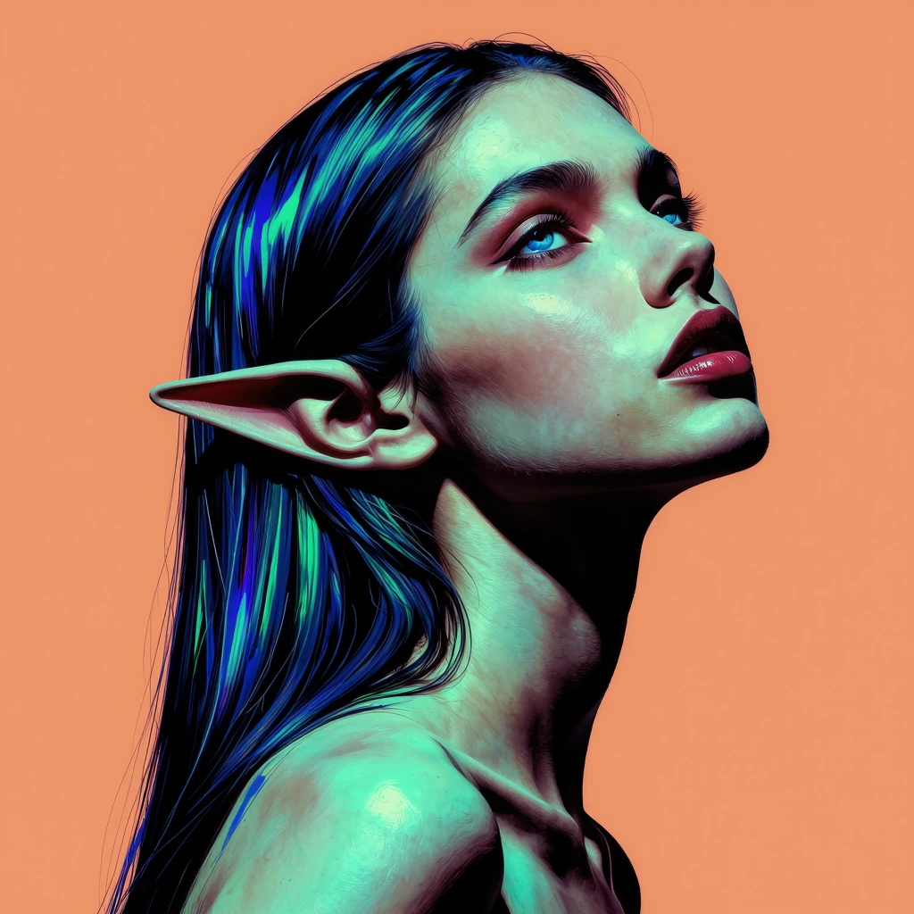 Hyper-realistic portrait, low angle shot from below, ,side shot, a high-resolution, realistic fantasy image of a ethereal young female elf s highly detailed subject,
