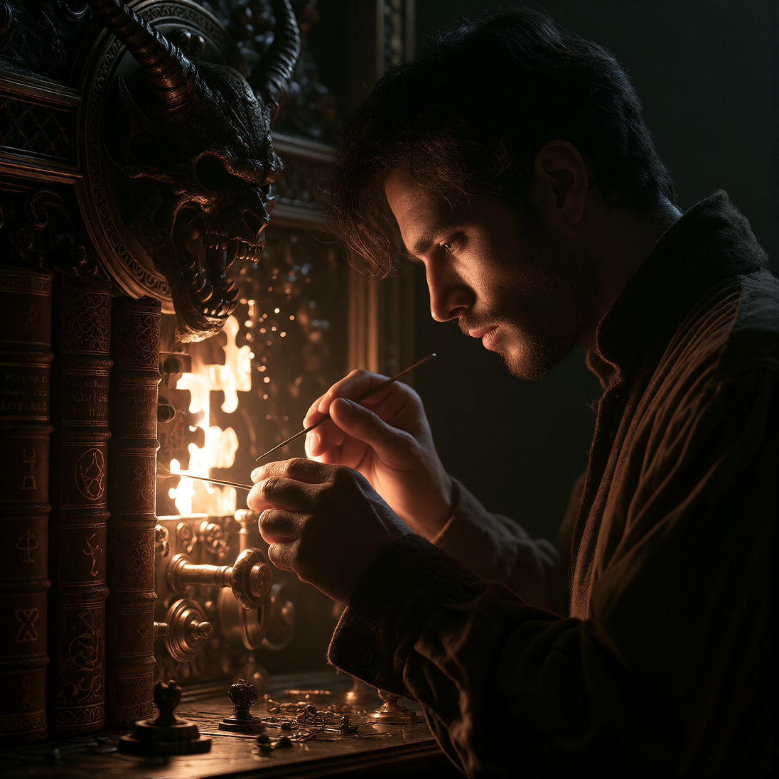 A locksmith with handsome angular features and dark tousled hair, silhouetted against a massive ornate door carved with demonic imagery, using delicate lockpicks on an intricate mechanism. Three antique leather-bound books glow faintly as they slot t