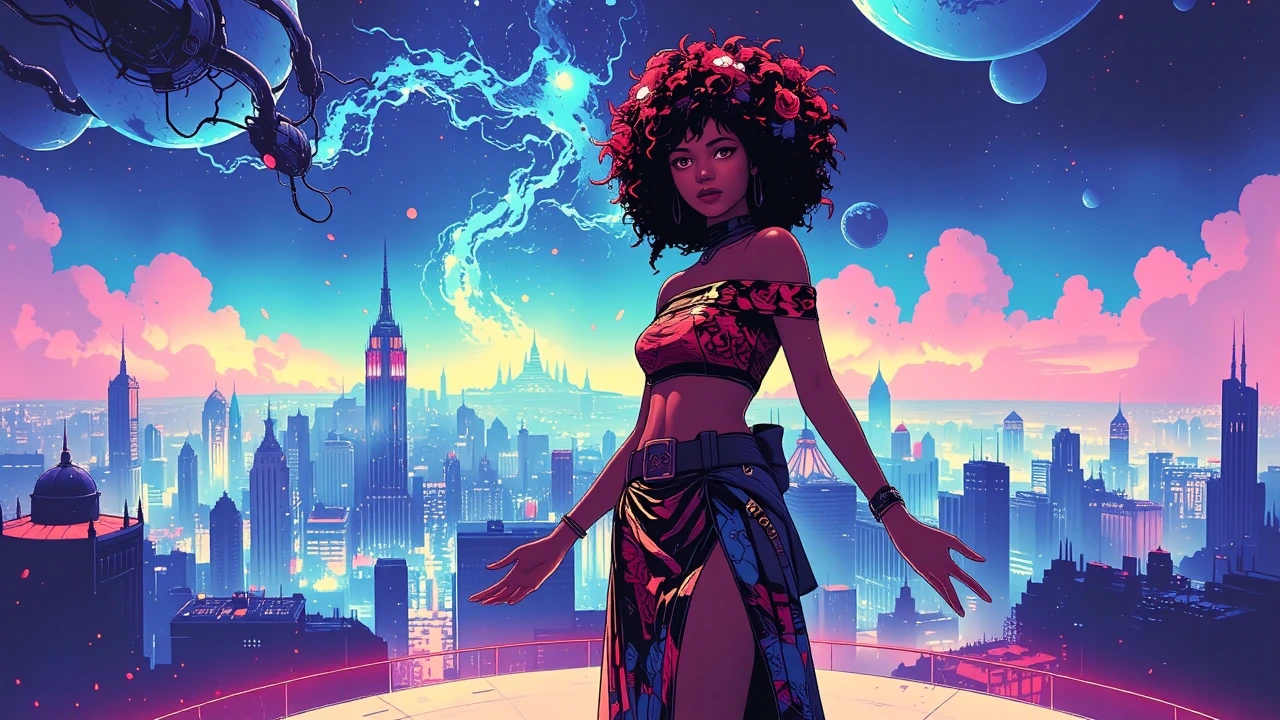 Full-body fantasy-fashion portrait of a beautiful young woman standing gracefully atop a glowing platform. Arms slightly extended, elegant posture, long flowing silhouette. Rich warm skin tones, pale luminous eyes, full red lips, majestic afro hair i