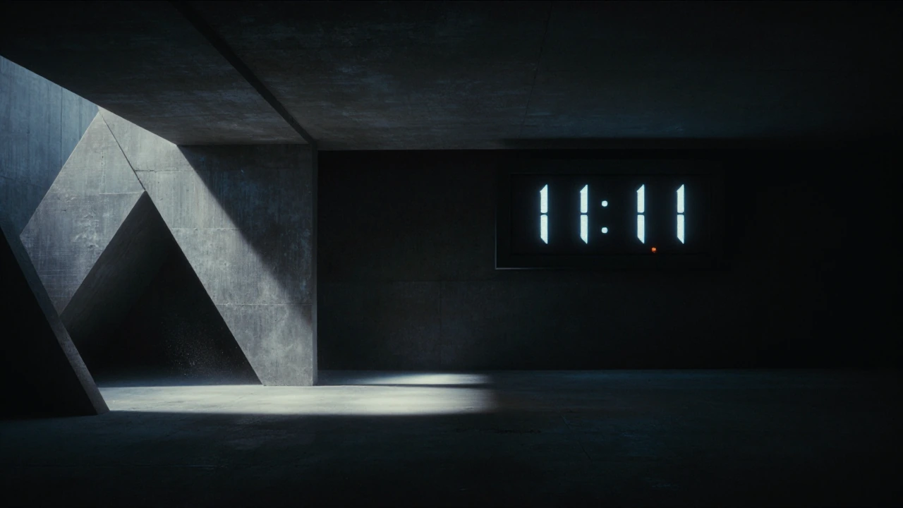 A moody, high-contrast photograph of a digital clock glowing with the numbers 11:11 in a dark, minimalist brutalist concrete room. Deep shadows, sharp angles, raw concrete textures, and a single dramatic light source catching the dust in the air. Cin