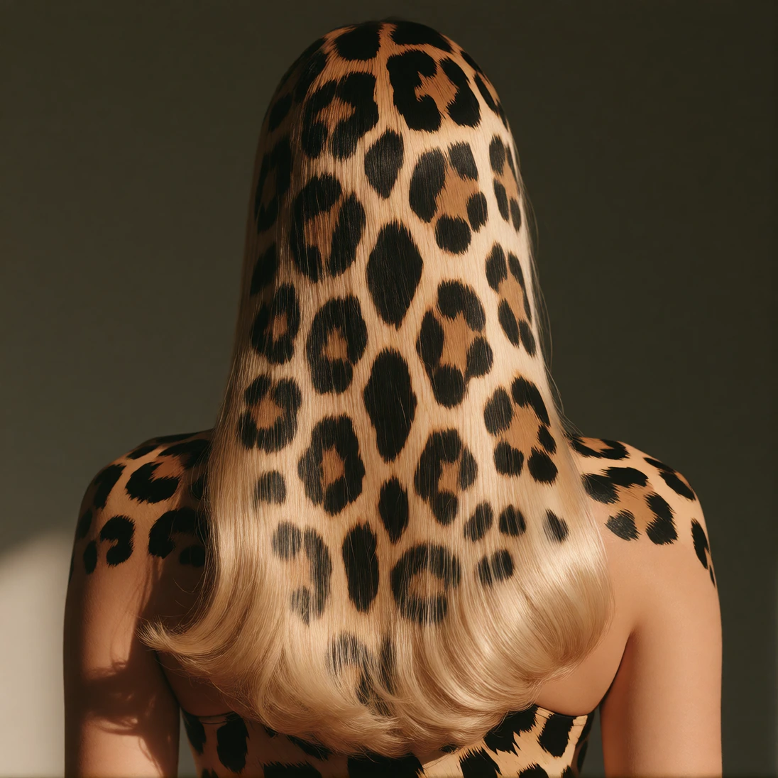 bare back of a person from behind, long straight blonde hair dyed with a striking leopard print pattern, dark gradient background, avant-garde fashion