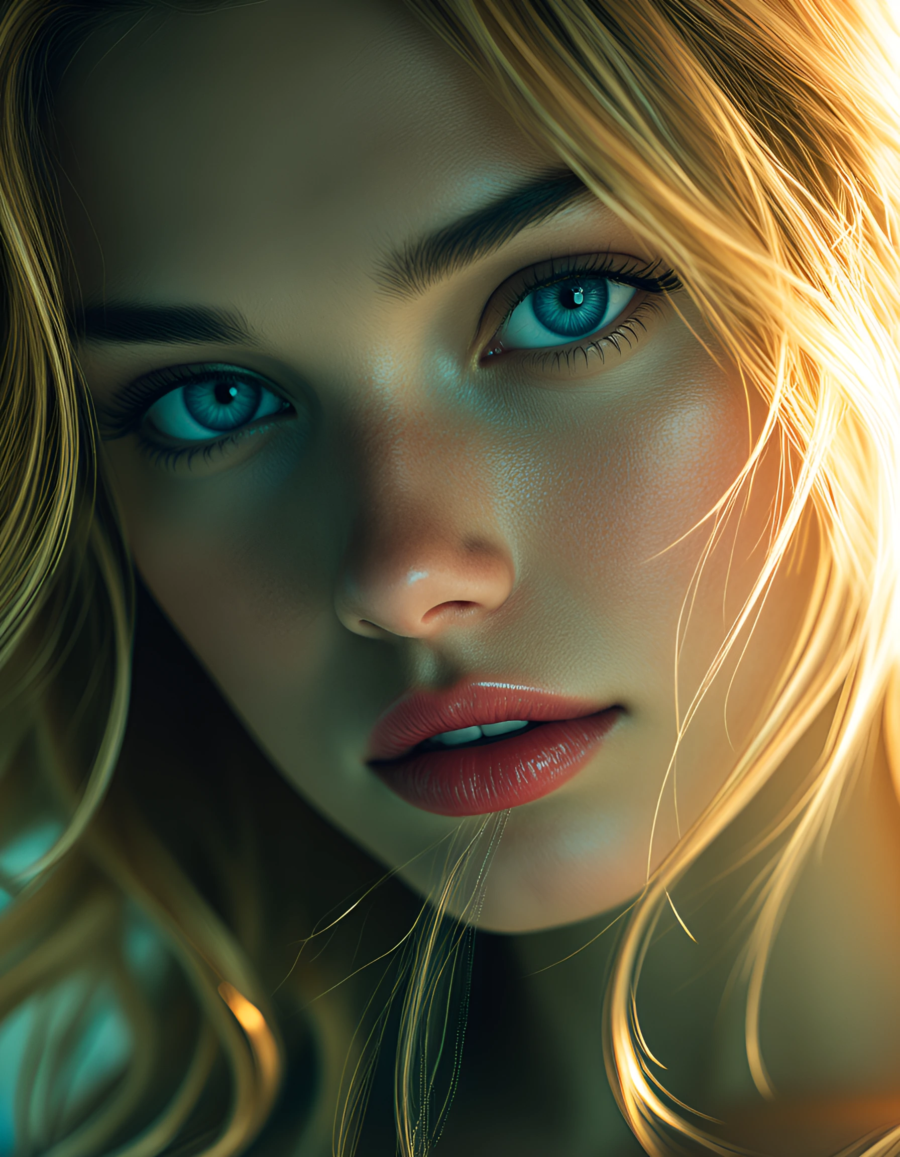 An ethereally beautiful woman, striking blue eyes, lustrous champagne blonde hair cascading down her back, delicate facial features, fine nose, full c
