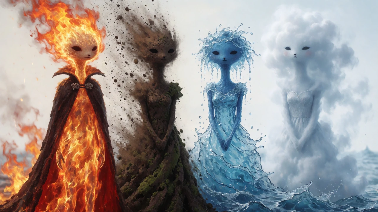 A masterpiece, high resolution, four elongated creatures facing the camera. The first is fire, with flames extending upwards, wearing a long cape made