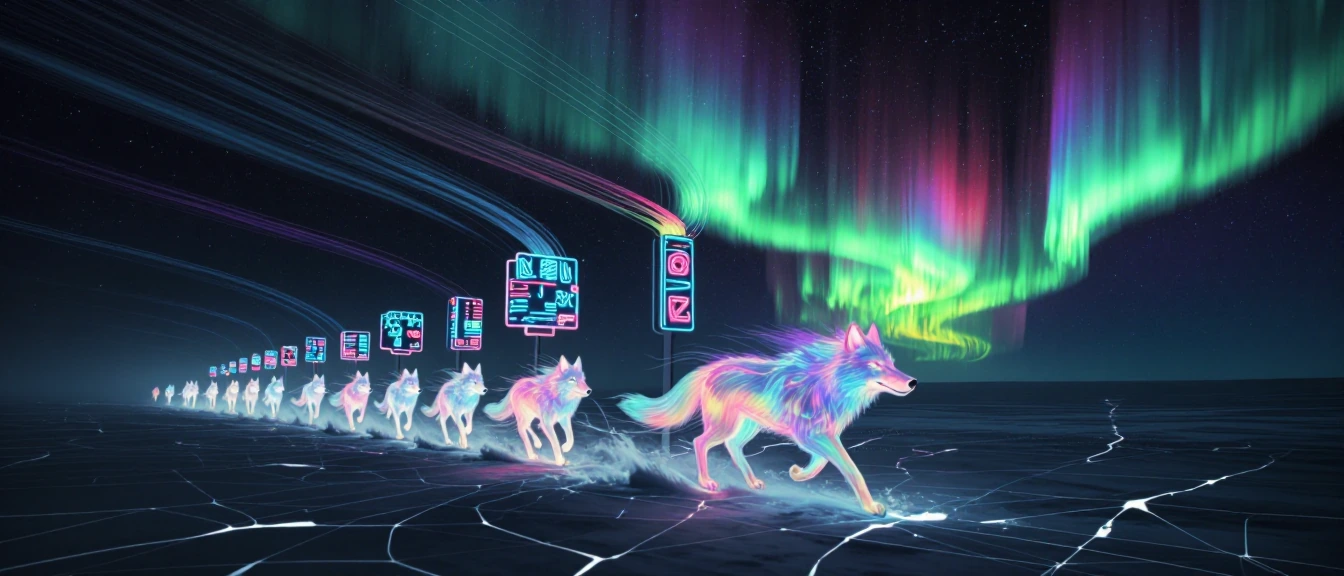 Cinematic live-action keyframe with heavy avant-garde synthwave and surreal dreamlike aesthetics. A pack of ethereal wolves made entirely of flowing n