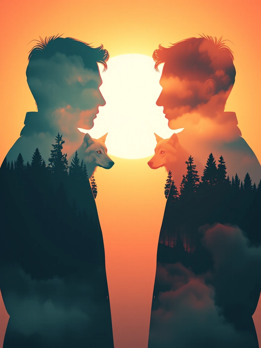 Two human silhouettes facing each other in profile, their outlines backlit against a bright warm sky. Inside each silhouette, a dense dark forest with tall pines receding into mist, and two wolves—one within each figure—staring directly outward throu